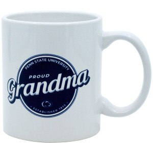 white ceramic mug with Penn State University Proud Grandma